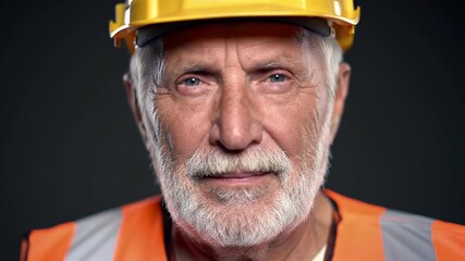Senior Construction Worker in Yellow Hardhat and Orange Safety Vest on Gray Background