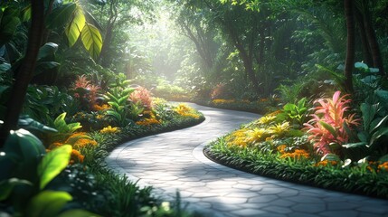 Winding path through lush tropical garden