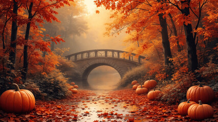 Pumpkin Patch in Autumn: Festive scene with pumpkins and colorful foliage