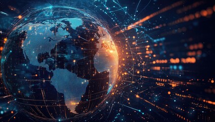 Global digital network.  A stylized, 3D globe, intricately detailed with glowing, interconnected lines and data streams.  The lines and data create a network effect, 