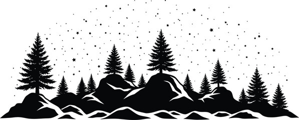 A serene silhouette landscape features evergreen trees atop rocky hills under a starry sky, perfect for nature-themed designs and outdoor adventure concepts.