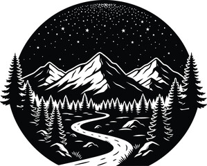 Embark on a scenic journey through majestic mountains and starry skies, captured in a captivating black and white vector illustration perfect for nature enthusiasts.