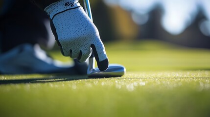 Close-up of a golfer's hand preparing to putt on a sunny course, showcasing concentration and precision.