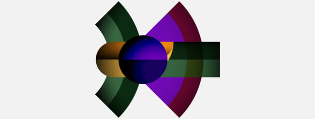 Abstract design features colorful overlapping shapes. Circular elements dominate composition, creating dynamic visual impact. Gradient hues present.