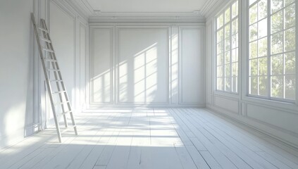 A sun-drenched, empty, white room with ornate molding.  A ladder leans against a wall