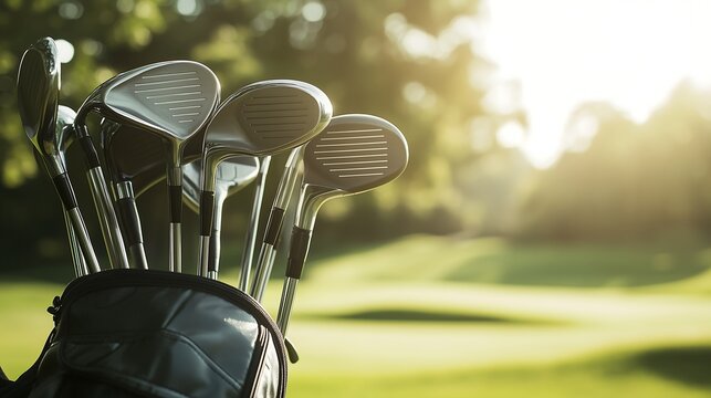 A close-up of golf clubs in a bag, illuminated by soft sunlight, showcasing a tranquil golfing setting.