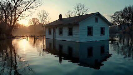 Flooded House with Reflections in Water at Sunrise
