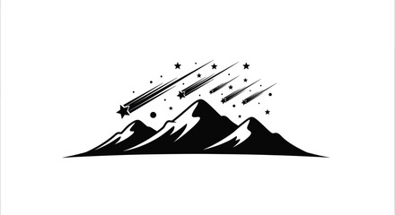 Mountains meet the cosmos in this striking black and white vector illustration, featuring shooting stars and celestial elements, perfect for logos and graphic design projects.
