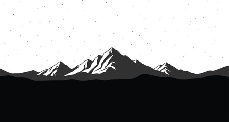 A minimalist mountain range illustration showcases stark contrasts and a starry sky, perfect for backgrounds, wallpapers, or designs needing a serene, monochrome landscape.