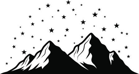 Majestic mountain peaks rise beneath a celestial canopy of stars, creating a striking silhouette perfect for adventure, nature, or travel-themed designs.