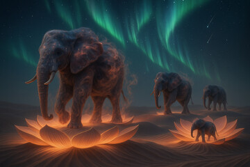 Landscapes of photoreal surreal elephants made of swirling nebula dust walking across glowing lotus-shaped sand dunes