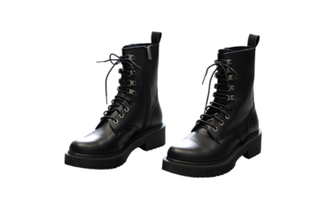 Pair of black leather combat boots with thick platform soles isolated on transparent background
