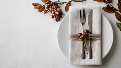 Photo of a minimalist dining table setting with an empty mockup on the napkin, showcasing cutlery and autumn decorations. Web banner with copy space on a white background.
