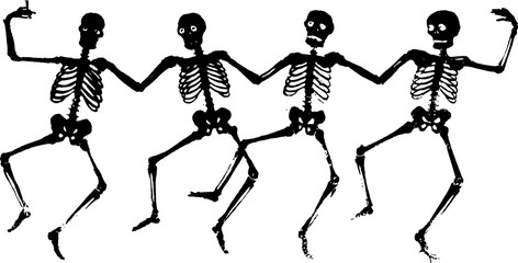 A group of skeletons dancing energetically together, depicted in a black and white graphic style