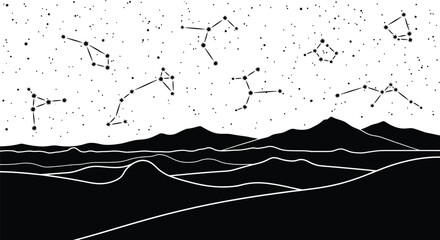 Celestial constellations shine above a stark mountain landscape, creating a cosmic scene perfect for astronomy enthusiasts and those seeking a touch of the mystical.