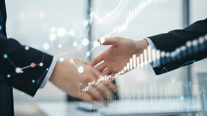 Businessmen shaking hands over financial data graphs, symbolizing partnership and growth - Powered by Adobe