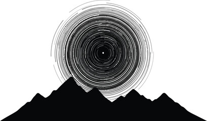 A striking monochrome illustration showcases a vortex above a mountain range, creating a captivating and abstract landscape with a minimalist and modern aesthetic.