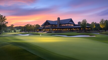 Stunning sunset over an elegant golf clubhouse, surrounded by lush green fairways and calm water hazards.