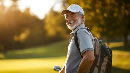 Happy senior man smiling while playing golf in a sunlit park setting.