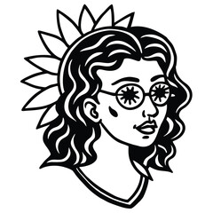 Stylized black and white illustration of a woman with curly hair wearing round glasses and a sunburst behind her head
