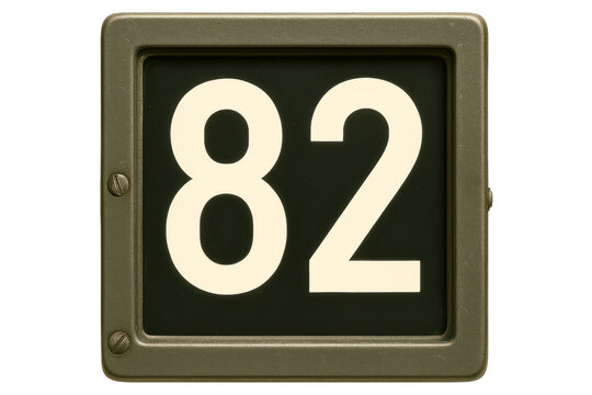 Vintage industrial metal sign with the number eighty-two on a transparent background