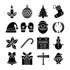 Christmas Vector Solid Icon Set. Silhouette Icons for Festive Season, Holiday, Winter, and Christmas Celebration