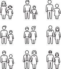 Diverse Family and Couple Icon Set A collection of minimalist line art depicting various family structures and couples showcasing inclusivity and representation in a simple