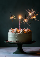 Birthday cake with large candle and sparklers on dark background