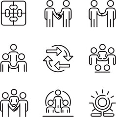 Collection of vector icons representing teamwork collaboration partnership and business processes in a clean minimalist line art style against a white background for versatile use