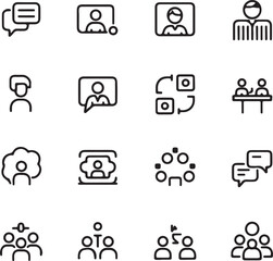 Set of business and communication icons in a minimalist style representing teamwork meeting online communication and collaboration perfect for web design and user interface projects