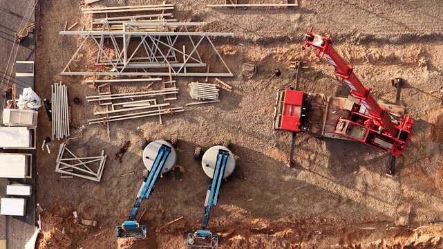 Top-down view of active construction site featuring red crane, two blue boom lifts, structural steel frames, and scattered building materials on sandy ground.
