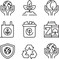 Collection of Outline Icons Representing Environmental Protection and Sustainability Including Recycling Planting Globe in Hands and Eco Friendly Packaging Isolated on White