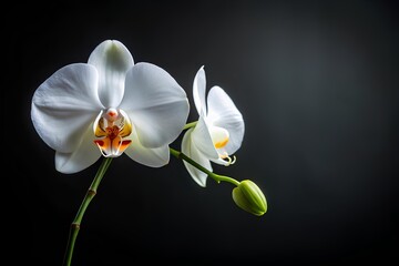 Obraz premium Two graceful white orchid flowers with orange-yellow centers and a single green bud on a dark background, minimal botanical composition in close-up