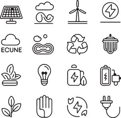Set of vector line icons related to green energy renewable energy and environmental protection featuring solar panels wind turbines recycling and other eco friendly concepts
