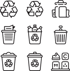 Collection of Recycling and Waste Management Icons in Black and White Featuring Recycle Symbols Trash Cans and Sorting Bins for Paper Plastic and General Waste