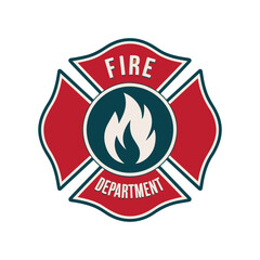 Fire Department Maltese Cross Emblem with Axes Helmet Hydrant and Ladder in Red and black Color vector illustration on white background 