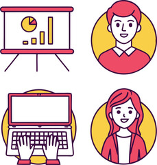Naklejka premium Business presentation with charts and people using laptop and tablet graphs pie chart