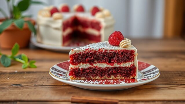 K&ouml;stliche Himbeercremetorte mit Puderzucker und Sahnedekor auf rustikalem Holztisch, im Hintergrund ganze Torte.