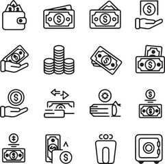 Set of black and white money icons representing financial transactions savings investments and wealth management presented in a clean and minimalist line art style