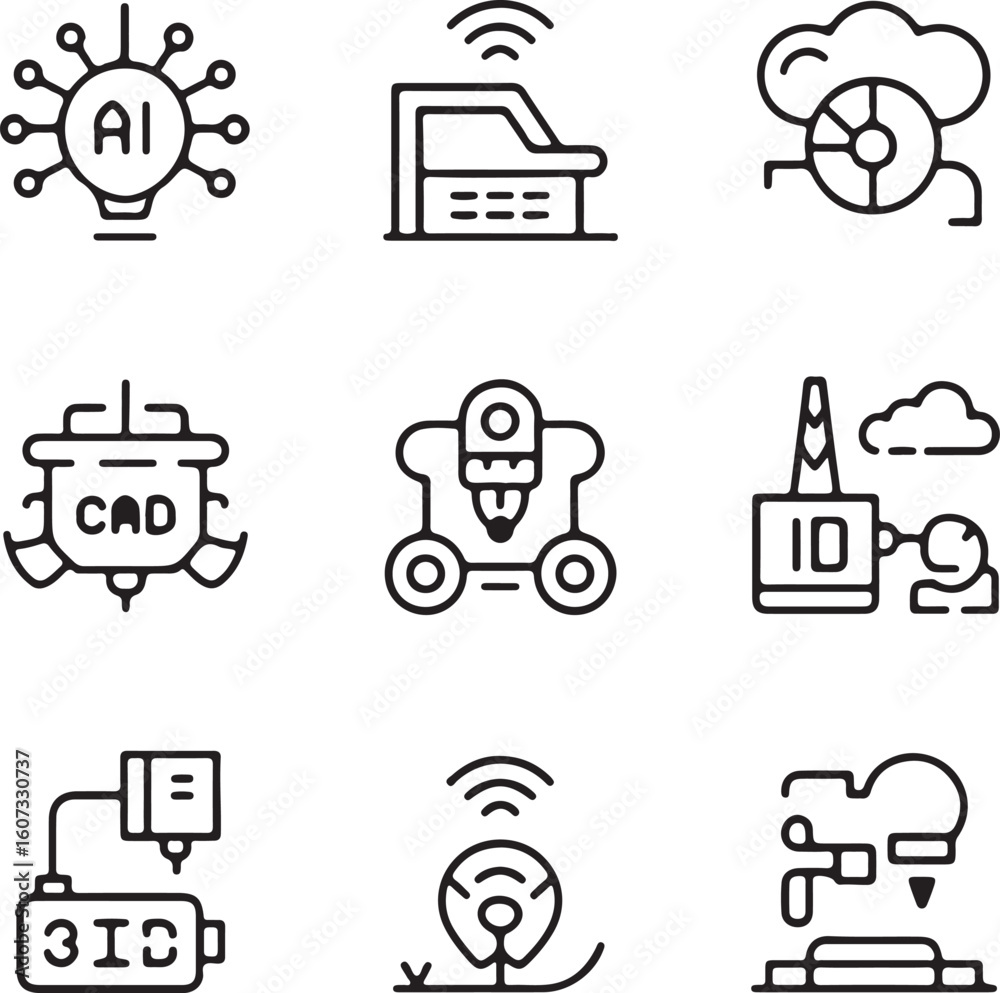 Fototapete Set of line icons representing advanced manufacturing including artificial intelligence 3D printing computer aided design and robotics in a modern and minimalist style