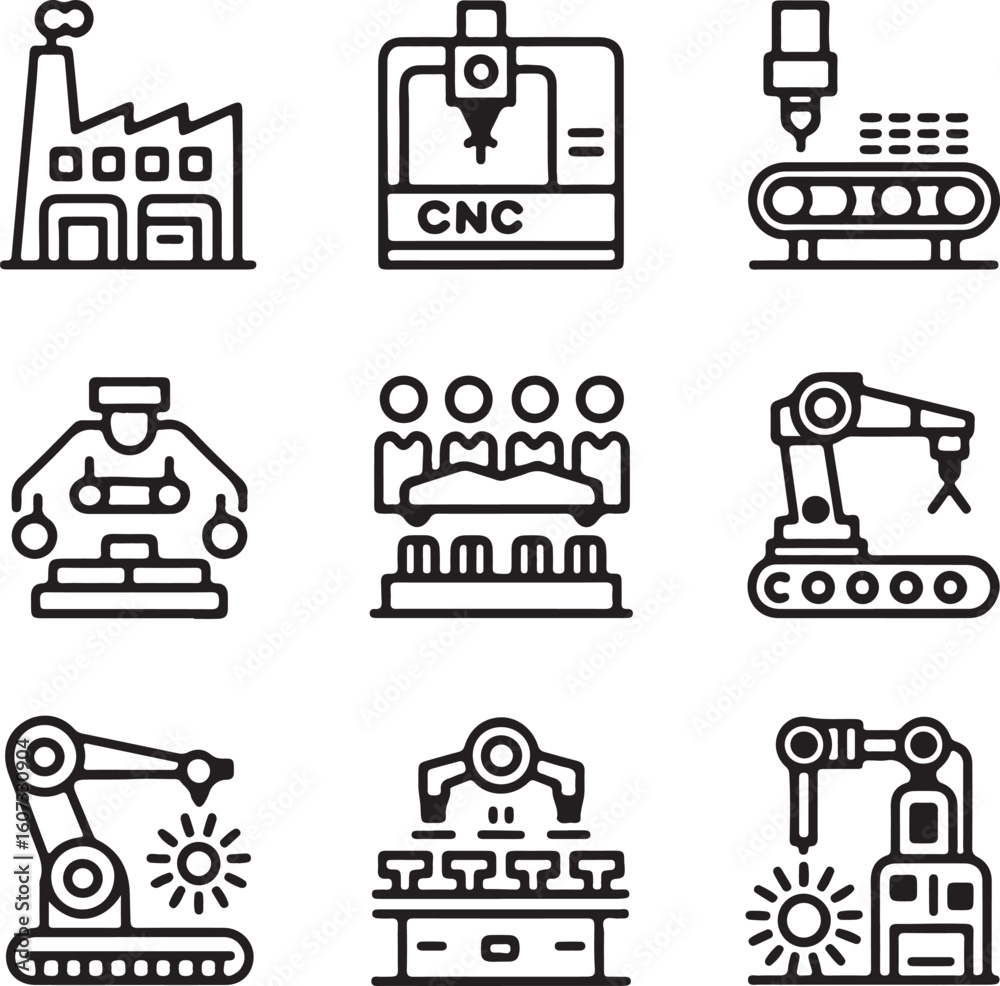 Fototapete set of manufacturing and automation icons representing factory cnc machine conveyor belt robotic arm