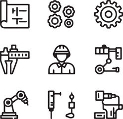 Engineering and Manufacturing Icon Set A collection of nine distinct line art icons representing various aspects of engineering manufacturing and industrial processes isolated on white