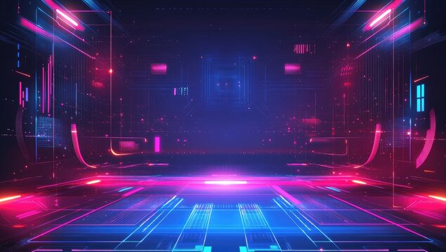 Futuristic digital space with vibrant neon glowing lines and circuits