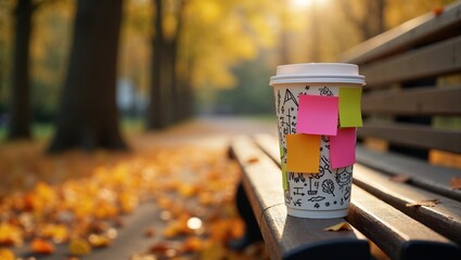 Coffee cup with sticky notes on park bench in autumn