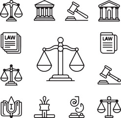 Collection of Justice and Law Icons in Outline Style Featuring Scales of Justice Court Buildings Gavel Law Documents and Other Symbols for Legal and Judicial