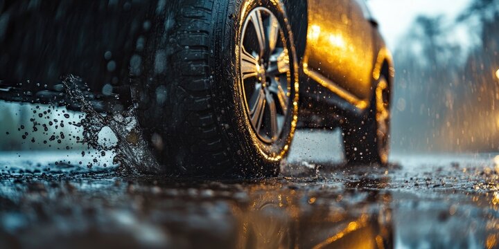 A dark SUV drives through a muddy puddle on a rainy night. Splashing water and mud surround the tire