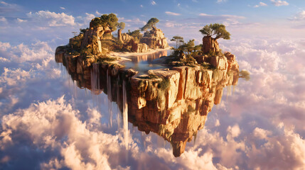 Floating magical island flying in the air with a waterfall cascading down
