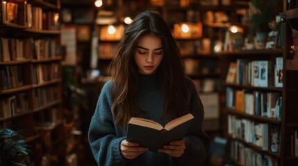 Woman engrossed in book, library setting