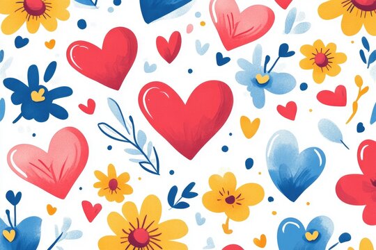 Whimsical pattern of hearts and flowers in vibrant colors on a white background. Delicate, hand-drawn style - Powered by Adobe