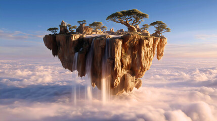 Large sandy and rocky island levitating above the horizon and sea of clouds
